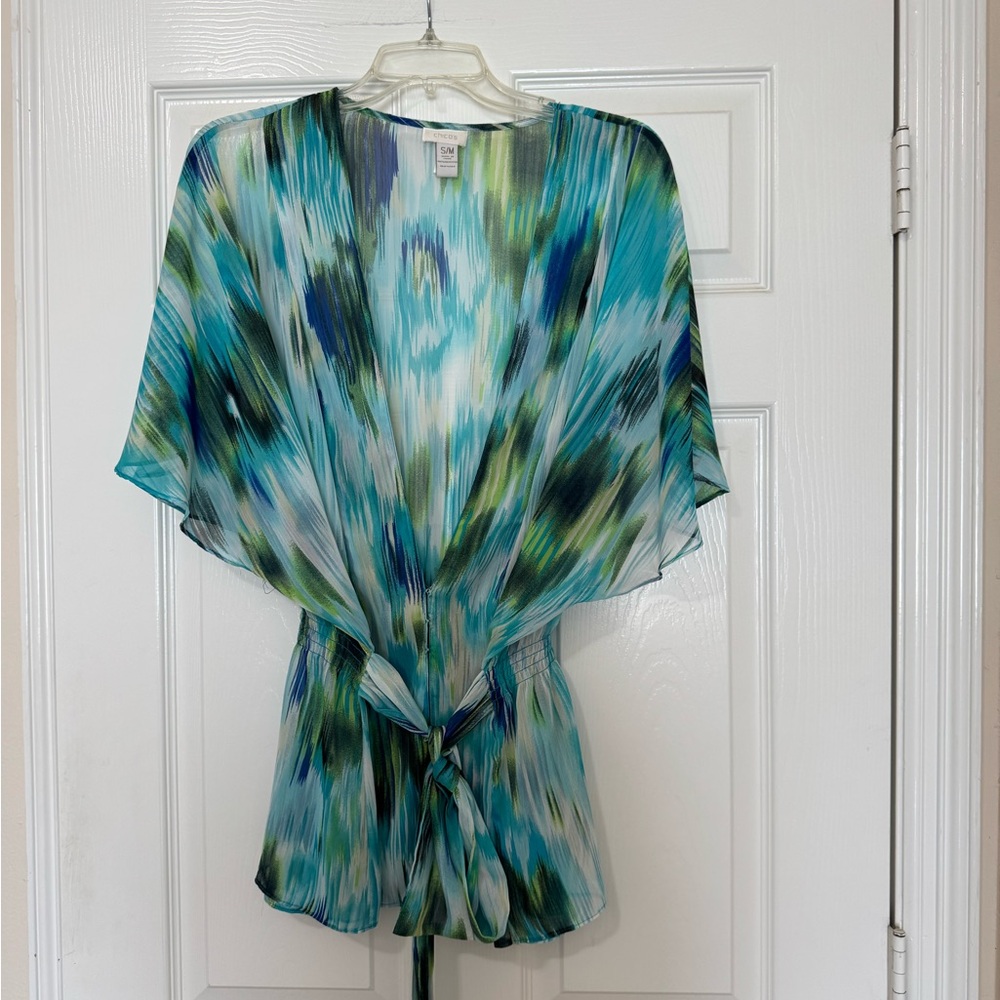 Chico’s Sheer Watercolor Blue Green Blouse Kimono Tie & Hook Closure Size S/M